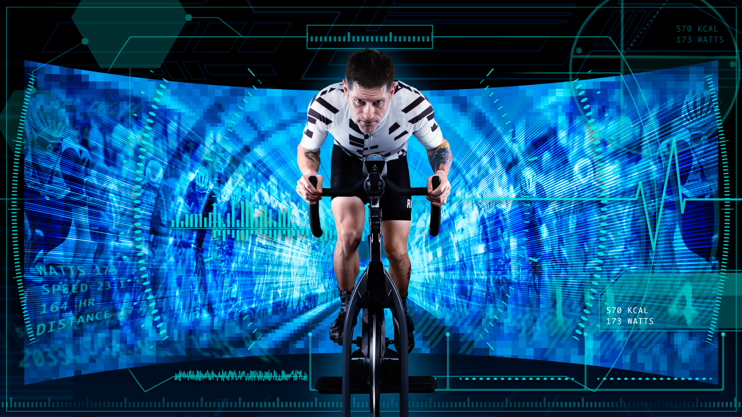 Digital art composite of rider on Stages Cycling stationary bicycle  — Studio 3, Inc.