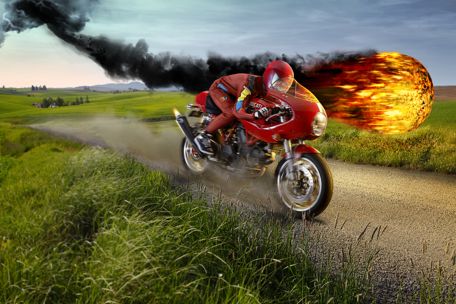 Digital art of Ducati motorcycle racing a fireball through a green field  — Studio 3, Inc.
