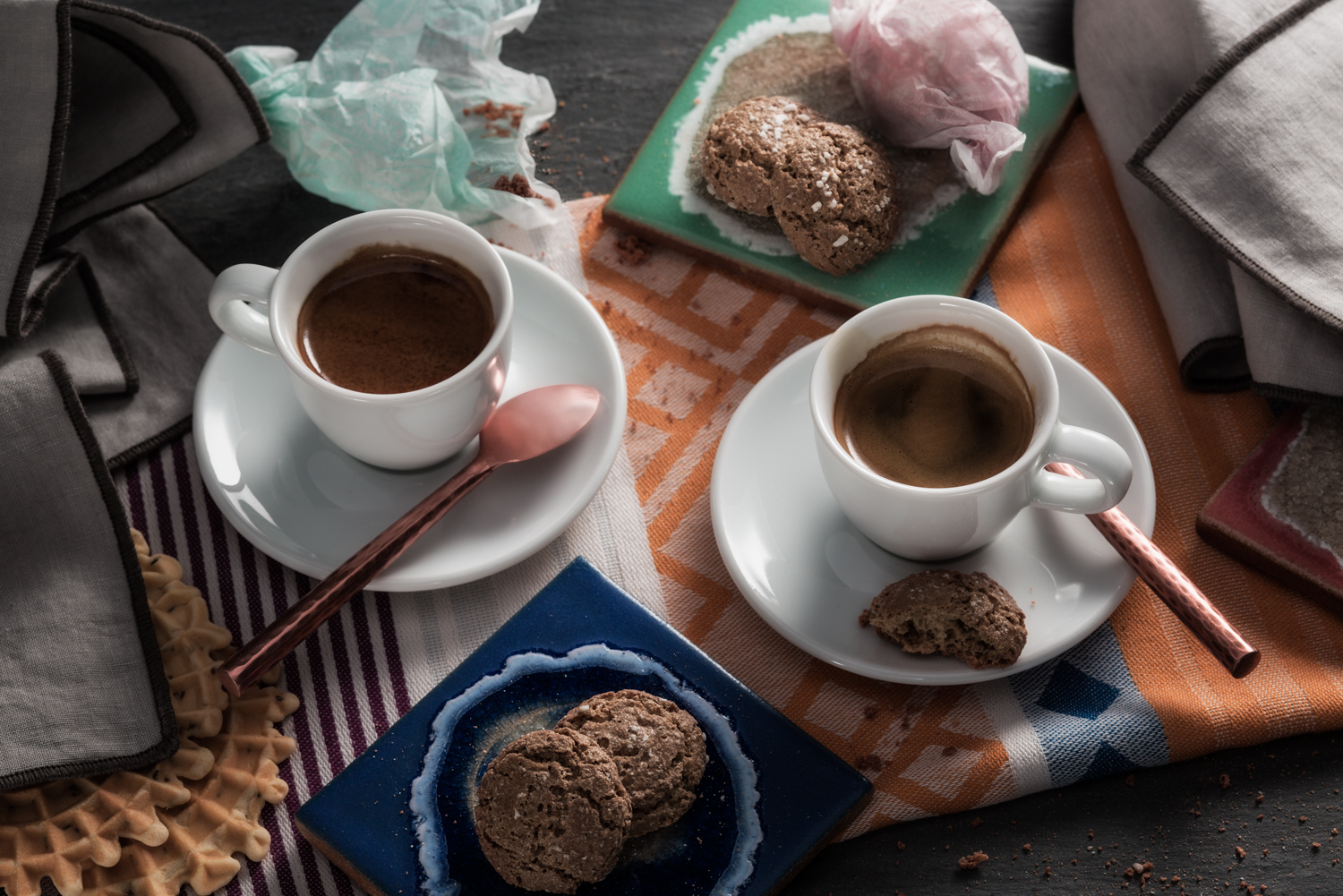 Espresso coffee cups and cookies for afternoon tea on tabletop