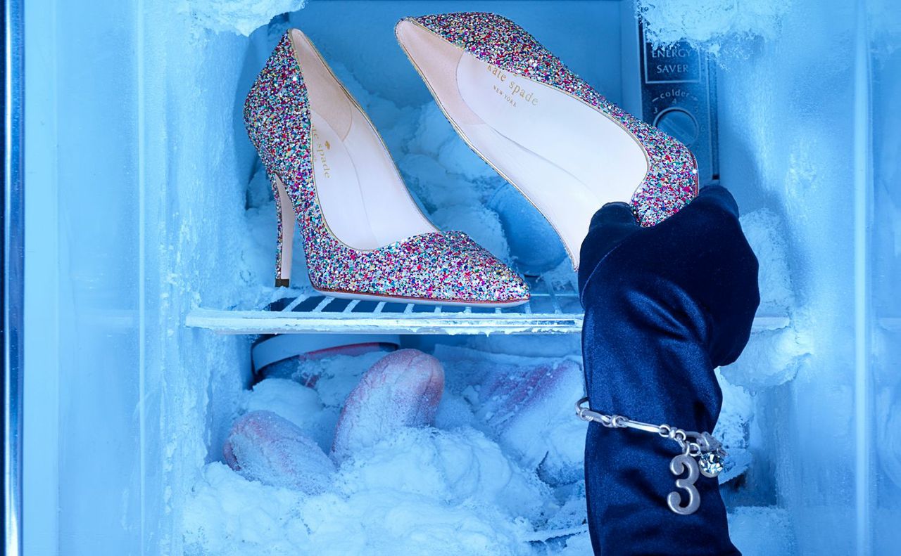 A photo of Kate Speed glitter heels in a freezer